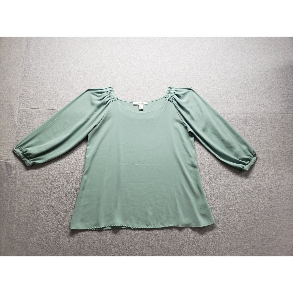 Forever 21 Women Top S Green Boat Neck Puff Sleeve Lightweight Pullover Business